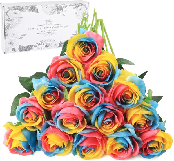 TELMO  Artificial Silk Rainbow Rose Flower Bouquet for DIY Any Arrangement Home Decor Wedding Party - Image 15