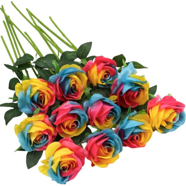 TELMO  Artificial Silk Rainbow Rose Flower Bouquet for DIY Any Arrangement Home Decor Wedding Party - Image 2