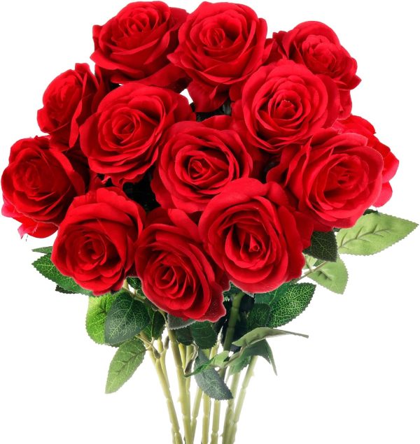 Telmo Red Roses Artificial Silk Flowers, Fake Roses with Long Stems Realistic Faux Rose Bouquets