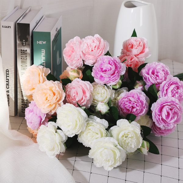 TELMO Silk Flower Bouquets​ Artificial Floral Peony 3 Heads Fake Flowers 2 Pcs - Image 3