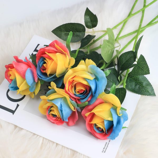 TELMO  Artificial Silk Rainbow Rose Flower Bouquet for DIY Any Arrangement Home Decor Wedding Party - Image 6