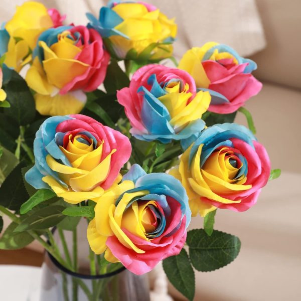 TELMO  Artificial Silk Rainbow Rose Flower Bouquet for DIY Any Arrangement Home Decor Wedding Party - Image 7