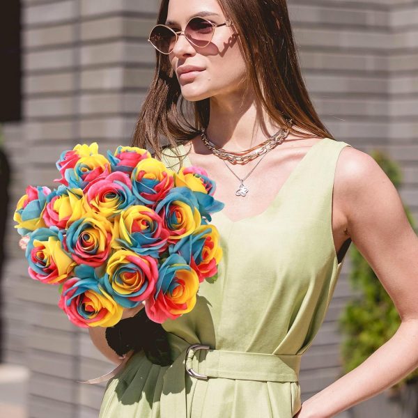 TELMO  Artificial Silk Rainbow Rose Flower Bouquet for DIY Any Arrangement Home Decor Wedding Party - Image 10