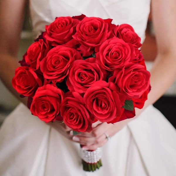 Telmo Red Roses Artificial Silk Flowers, Fake Roses with Long Stems Realistic Faux Rose Bouquets - Image 2