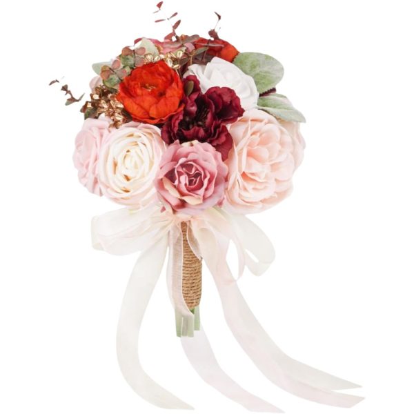 TELMO 11.8" Artificial Flowers Bride Holding Flowers Wedding Bouquet for Graduation Valentine's Day Rose Pink - Image 2