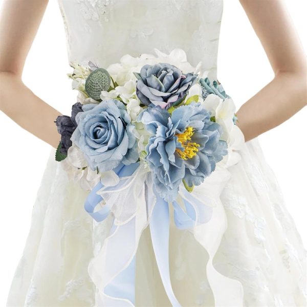 TELMO 11.8" Wedding Bouquet,Artificial Flowers Bride Holding Flowers for Graduation Valentine's Day (Blue-White) - Image 3