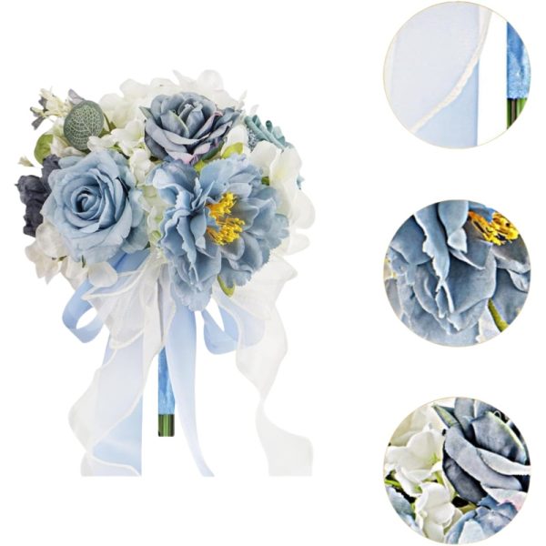 TELMO 11.8" Wedding Bouquet,Artificial Flowers Bride Holding Flowers for Graduation Valentine's Day (Blue-White) - Image 4