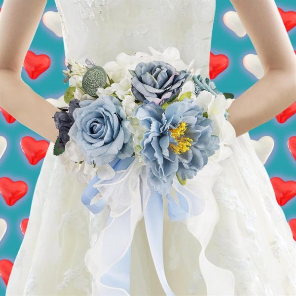 TELMO 11.8" Wedding Bouquet,Artificial Flowers Bride Holding Flowers for Graduation Valentine's Day (Blue-White) - Image 5