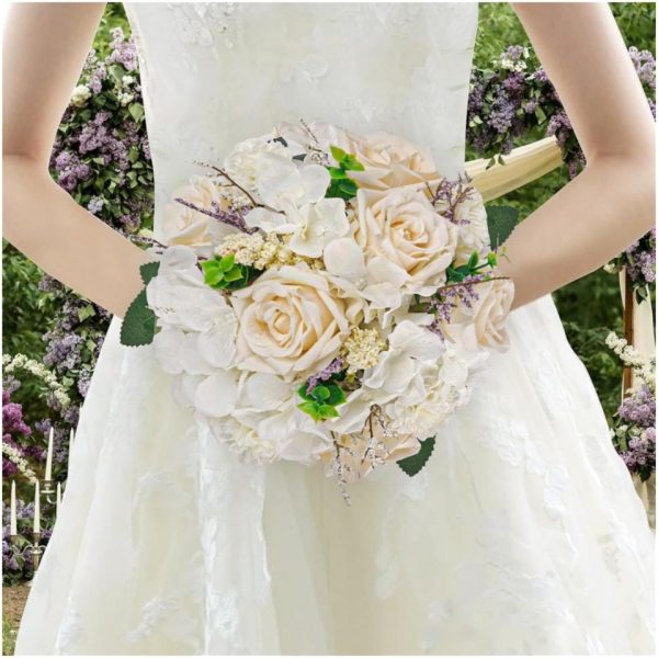 TELMO 11.8" Artificial Flowers Bride Holding Flowers Wedding Bouquet for Graduation Valentine's Day White - Image 5