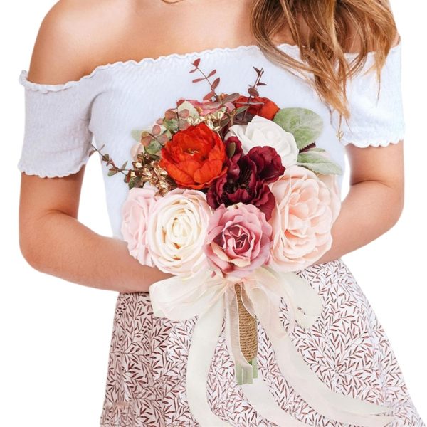 TELMO 11.8" Artificial Flowers Bride Holding Flowers Wedding Bouquet for Graduation Valentine's Day Rose Pink - Image 4